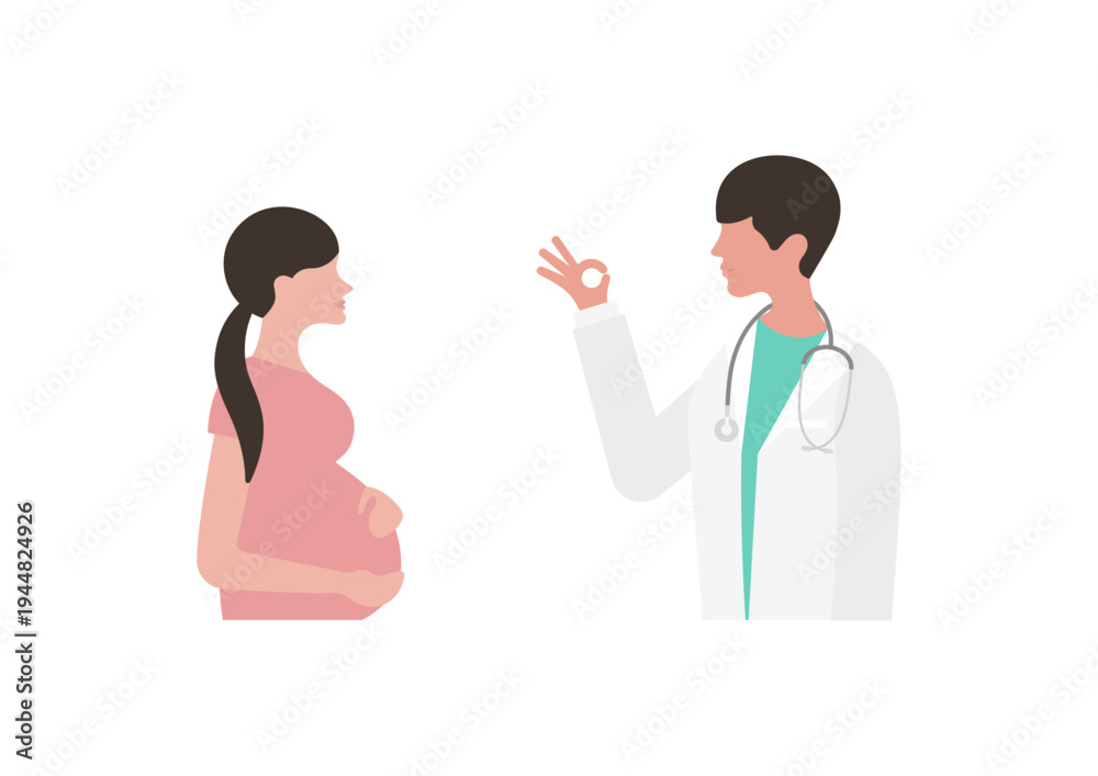 Fototapeta premium 妊婦にOKサインをする医師のベクターイラスト素材（左向き）