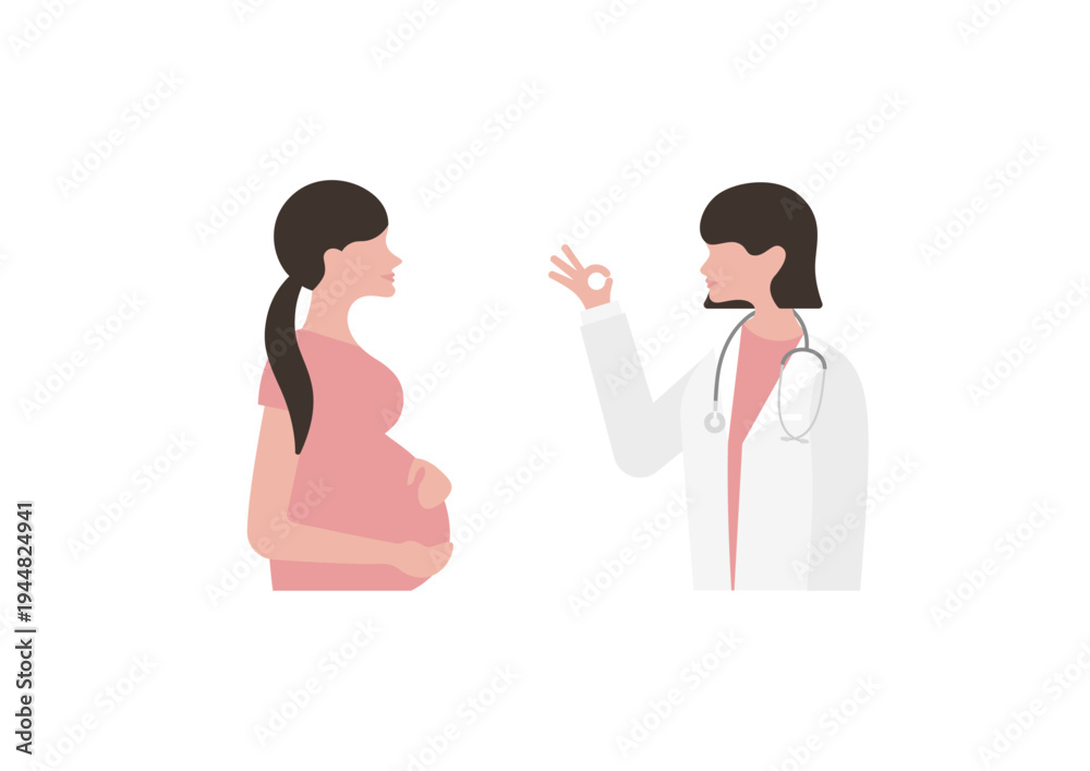 Fototapeta premium 妊婦にOKサインをする女医のベクターイラスト素材（左向き）