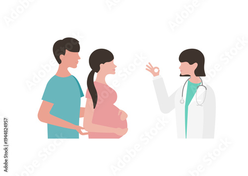 妊婦夫婦にOKサインをする女医のベクターイラスト素材（左向き）
