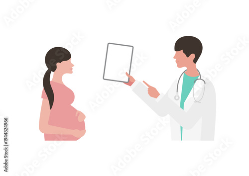 妊婦にタブレットで医療説明をする医師のベクターイラスト素材（左向き）