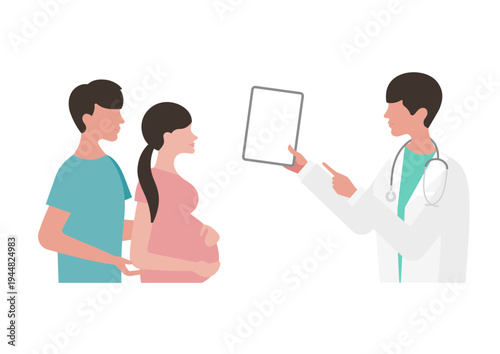 妊婦夫婦にタブレットで医療説明をする医師のベクターイラスト素材（左向き）