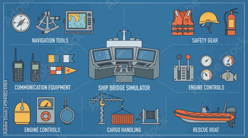 Various maritime navigation tools, communication equipment, and safety gear surround a central ship bridge simulator console.