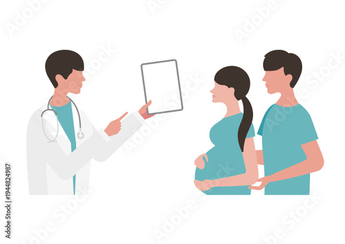 妊婦夫婦にタブレットで医療説明をする医師のベクターイラスト素材（右向き・ブルー）