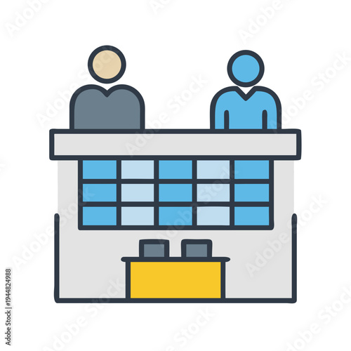 Flat design illustration of a reception desk with two people on black backdrop