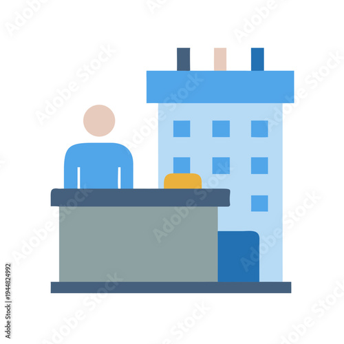 A flat illustration of a reception desk with attendant and office building behind
