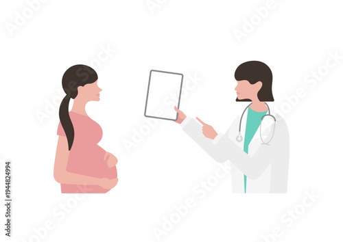 妊婦にタブレットで医療説明をする女医のベクターイラスト素材（左向き）