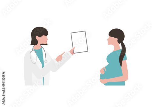 妊婦にタブレットで医療説明をする女医のベクターイラスト素材（右向き・ブルー）
