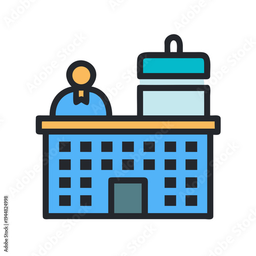 Vector graphic of hotel reception with receptionist and stacked luggage in blue color