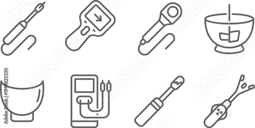 A set of line art icons depicts various scientific and laboratory measuring instruments including thermometers and mixing bowls on a white background.
