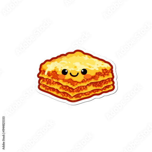 Isolated Cute cartoon lasagna sticker with happy face and cheesy layers illustration on white background