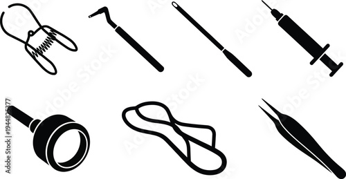 A collection of black silhouette icons represents various specialized surgical instruments such as a syringe, forceps, and retractors on a plain white background.