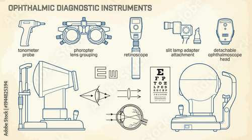 Various ophthalmic diagnostic instruments and eye examination charts are presented in a blueprint style outline.