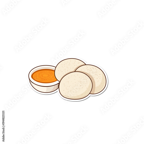 Three idlis with a bowl of orange chutney on a white background, traditional south indian breakfast isolated on white background