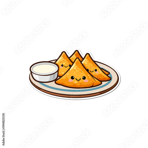 Three cute cartoon samosas with happy faces on a plate with white dip, traditional indian snack isolated on white background