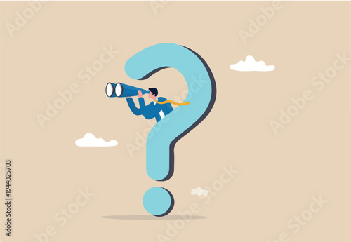 Curiosity explore unknown, search for solution or new business opportunity, seek for success concept, curios businessman with huge question mark look through binoculars to search for new business