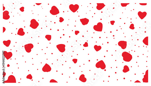 A vibrant and playful pattern of red hearts on a white background with colorful specks