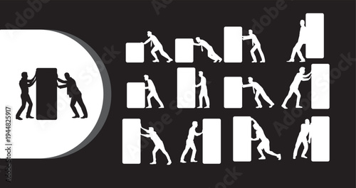 A graphic illustration of people working together to move large objects in various poses and positions.