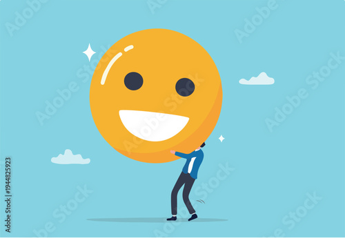Job satisfaction, employee happiness or optimistic attitude, cheerful morality or endorphins for positive thinking, feel good, emotional intelligence concept, businessman carry big happy 
