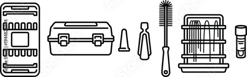 A set of fishing tackle storage containers, including a tackle box and various small accessory holders, is arranged linearly on a white surface.