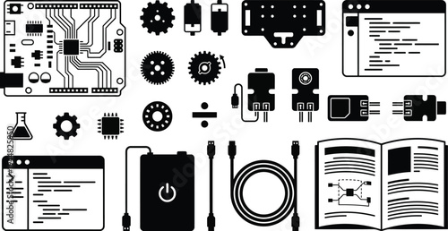 An array of electronic components for building a robotic device includes a circuit board, gears, power bank, and programming interface windows.