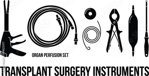 Transplant surgery instruments, including clamps and perfusion sets, are shown in a black and white silhouette format for medical documentation.