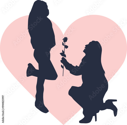 A romantic proposal scene with a silhouette of a woman proposing to another woman with a bouquet of flowers in front of a large pink heart