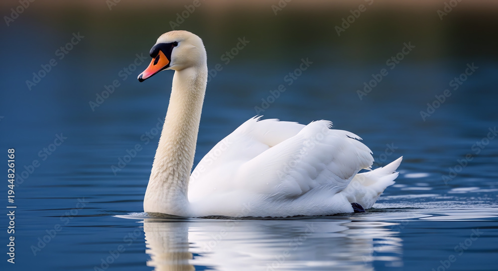 Fototapeta premium Graceful White Swan Gliding Calmly Across Serene Blue Water Surface Reflecting Natural Light