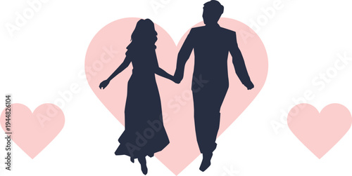 A loving couple holds hands in front of a large pink heart