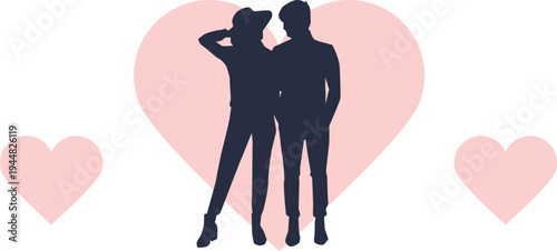 A romantic couple stands together in front of a large pink heart