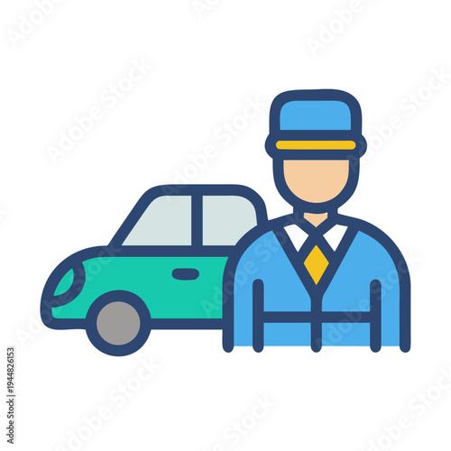 Iconic depiction of valet driver standing near vehicle in a cartoon style