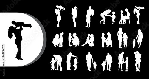 A collection of white and black silhouettes of people in various poses and activities on a black background