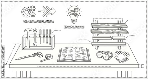 Technical training workbench shows precision measuring tools, hand tools, and safety gear arranged for skill development.