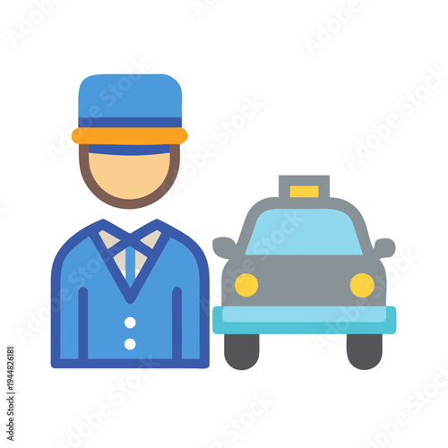 Flat Illustration of a Bellhop Standing Next to a Taxi Cab