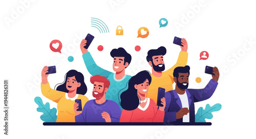 A diverse group of people using smartphones and celebrating on social media with colorful icons around them in a joyful illustration