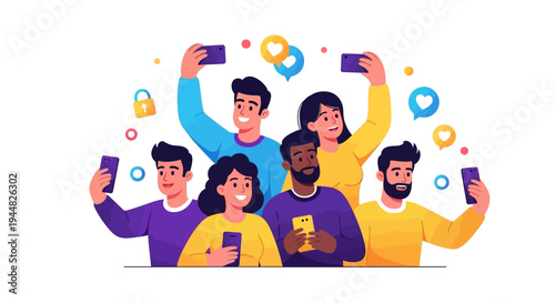 A diverse group of people holding mobile phones and celebrating on social media with colorful icons around them in a joyful illustration
