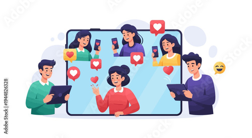 A diverse group of people interacting with tablets and smartphones, surrounded by social media icons and hearts on a large mobile phone screen, conveying a sense of happiness and community