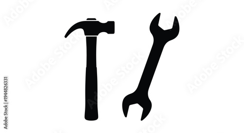 Hammer and wrench tools depicted in a stark black silhouette
