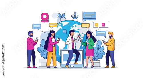 Diverse group of people interacting with technology and social media on International Day of Happiness, surrounded by digital icons and global communication symbols