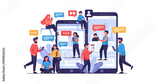 Illustration of diverse people interacting on large smartphones with social media and speech bubbles on a clean white background