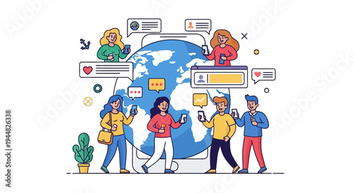 A diverse group of people engage in online communication and social media interactions around a large globe with chat bubbles, conveying a sense of global connection and happiness