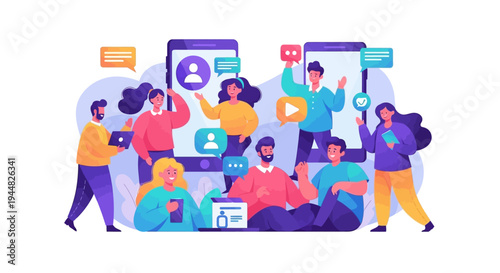 A diverse group of people interacting with large mobile devices and celebrating happiness on social media with a joyful and colorful illustration
