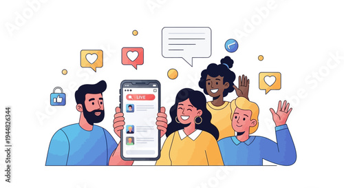 A diverse group of people using a smartphone with social media icons and speech bubbles around them on a clean white background