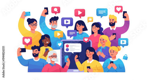 A diverse group of people celebrating International Day of Happiness on social media with a tablet and mobile phones, surrounded by colorful icons and symbols conveying friendship