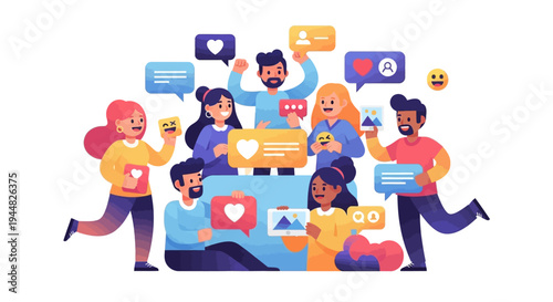 A diverse group of people gathered around a large tablet, celebrating on social media with colorful icons and speech bubbles, conveying happiness and community in a digital illustration