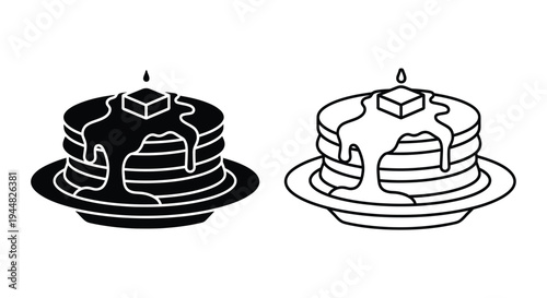 Two pancake stacks with butter a minimalist black outline silhouette