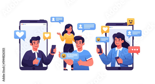 Illustration of a diverse group of people interacting on social media with mobile phones and a tablet in a digital communication concept
