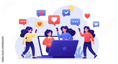 Illustration of a diverse team using a laptop and mobile devices surrounded by social media icons and speech bubbles conveying happiness and friendship in a digital community
