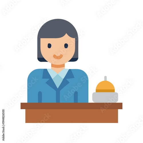 Flat vector illustration of a female receptionist with bell on black background
