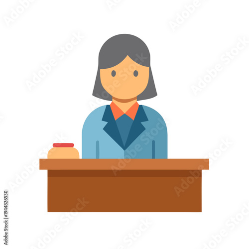 Flat vector illustration of a woman seated behind a desk with button