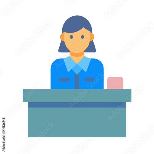 Flat style icon of a woman behind a desk on black background